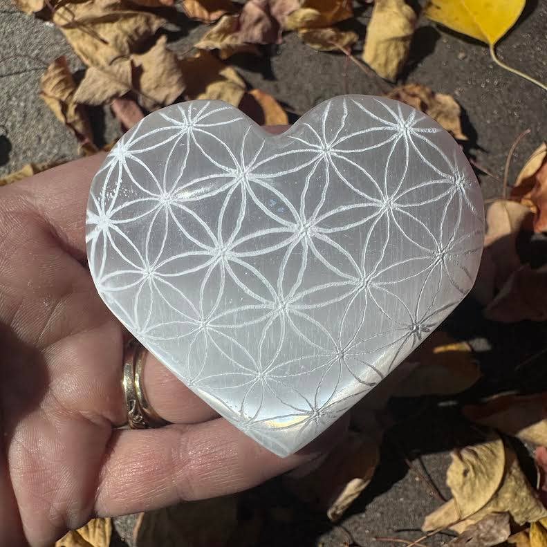 The Crystal Tabby - Engraved Flower of Life Selenite Hearts | Lot of 3