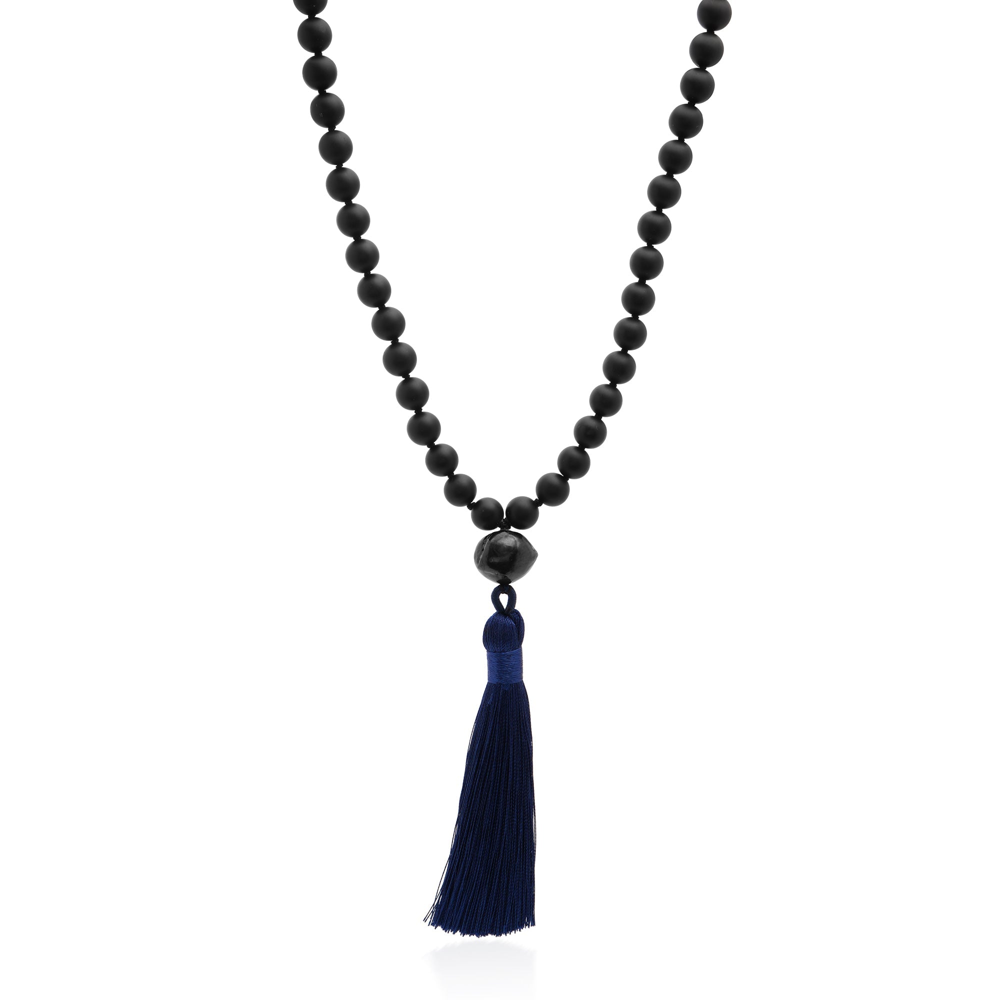 Black Onyx Mala Necklace with Pearl and Navy Tassel