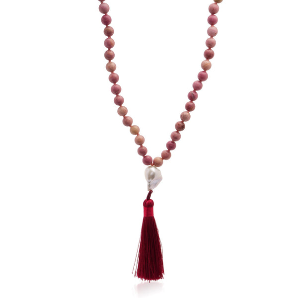 Rhodonite Mala Necklace with Pearl and Red Tassel